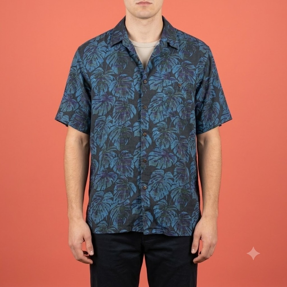 Campia Modello Hawaiian Shirt Mens L Blue Tropical Monstera Leaf Rayon Button Up